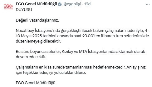 EGO duyurdu: Tren seferlerinde düzenleme yapılacak!