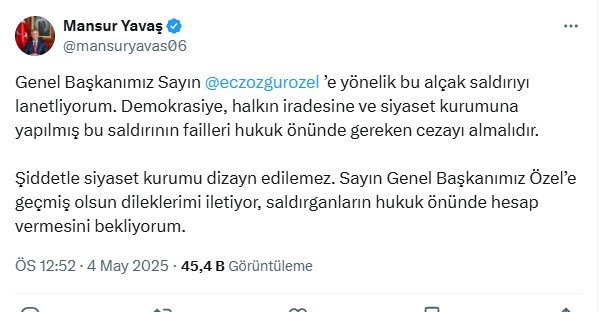Mansur Yavaş'tan saldırıya uğrayan Özgür Özel'e destek mesajı