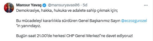 Mansur Yavaş akşam 21.00’de herkesi CHP Genel Merkezi’ne davet etti