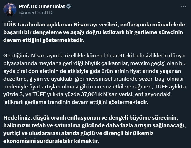 Bakan Bolat TÜİK'in açıkladığı enflasyon rakamlarını değerlendirdi