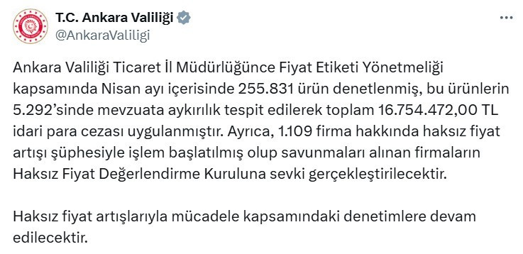 Ankara'da haksız fiyat artışı denetimlerinde 16 Milyon TL ceza kesildi!