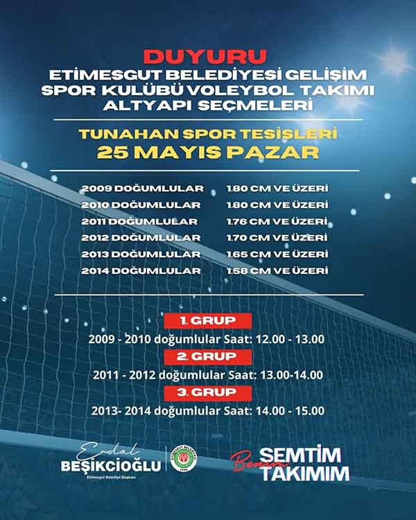 Etimesgut Belediyesi Gelişim Spor Kulübü voleybol altyapı seçmeleri yapılacak