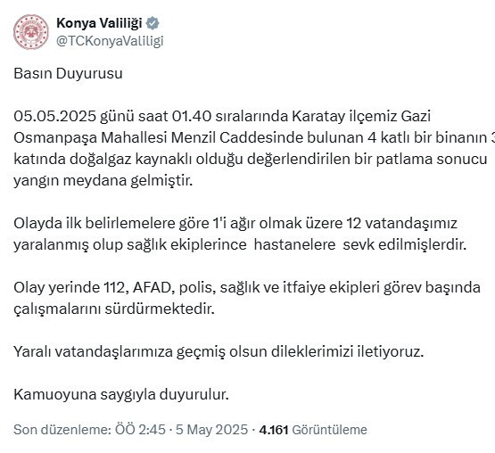 Konya'da 4 katlı apartmanda patlama: 1'i ağır 12 kişi yaralandı