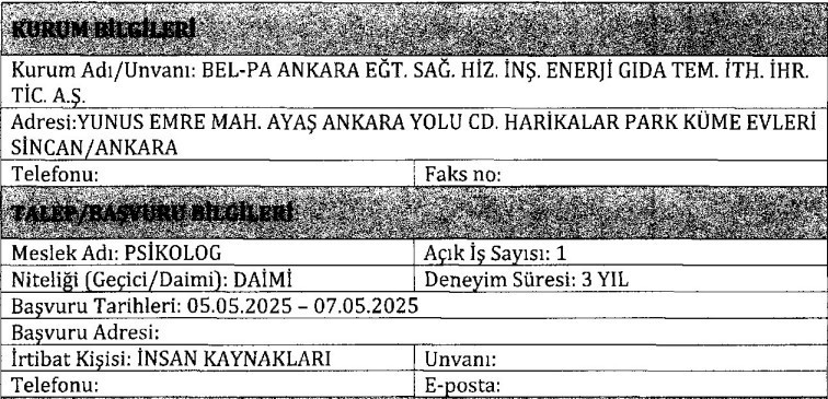 Sincan'da kamu kurumuna deneyim şartlı psikolog alımı yapılacak