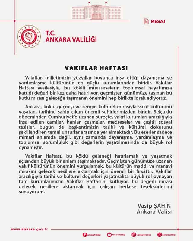 Vali Vasip Şahin'den Vakıflar Haftası Mesajı!