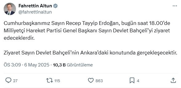 Cumhurbaşkanı Erdoğan, Ankara'daki konutunda Bahçeli'yi ziyaret edecek