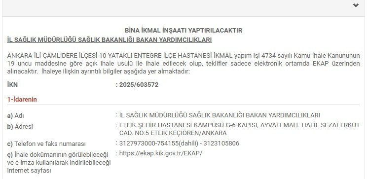 Ankara'ya yeni ilçe hastanesi! Sağlık Müdürlüğü ihale ilanını yayımladı
