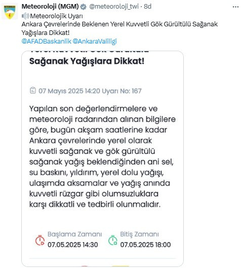 Meteoroloji'den Ankara'ya kuvvetli yağış uyarısı: 3 saat sürecek
