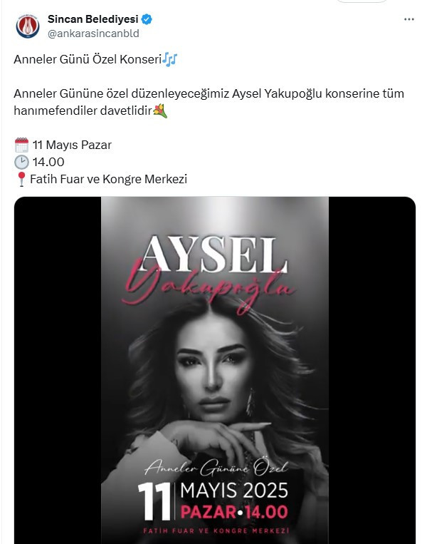 Sincan Belediyesi Anneler Gününde Aysel Yakupoğlu konseri düzenleyecek