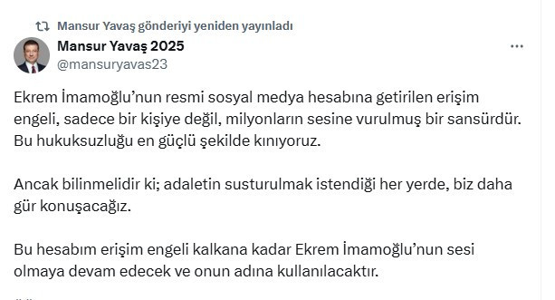 Ekrem İmamoğlu kapatılan x hesabı yerine Mansur Yavaş'ın kampanya hesabını kullanacak