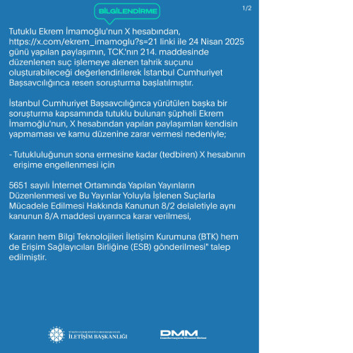 İletişim Başkanlığı Ekrem İmamoğlu'nun hesabının neden kapatıldığını açıkladı