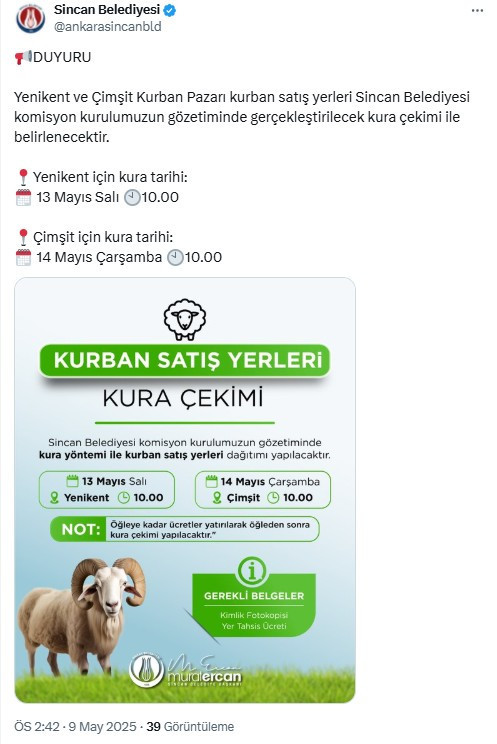 Sincan Belediyesi'nden kurban satış yerleri kura çekim duyurusu