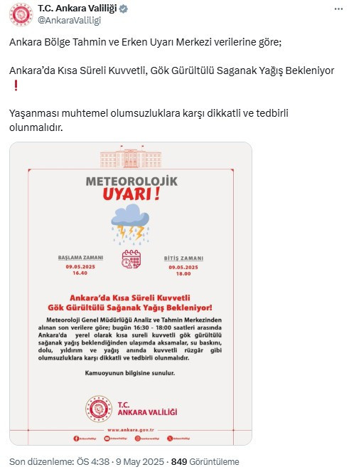 Ankara Valiliği'nden son dakika kuvvetli yağış uyarısı: 18.00'e kadar sürecek