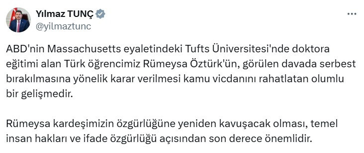 Bakan Tunç'tan Rümeysa Öztürk'ün serbest bırakılmasına ilişkin açıklama