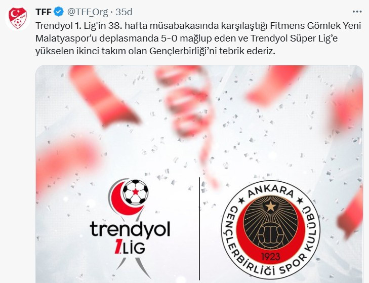Süper Lig'e yükselen Gençlerbirliği'ne TFF'den tebrik mesajı