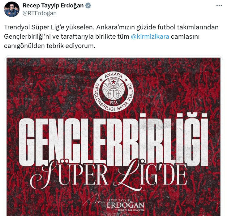 Cumhurbaşkanı Erdoğan Gençlerbirliği'ni tebrik etti