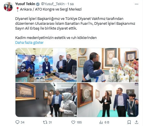 Bakan Tekin, Ankara'daki Uluslararası İslam Sanatları Fuarı'nı ziyaret etti