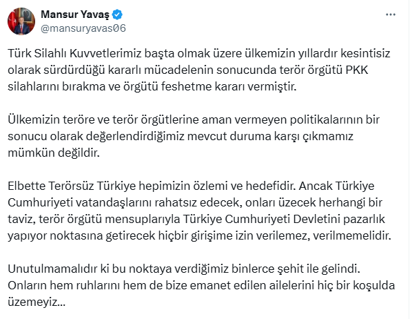 Mansur Yavaş'tan PKK'nın feshi açıklaması: Sürecin adresi TBMM'dir