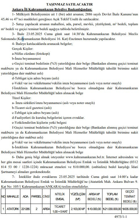 Kahramankazan Belediyesi arsa satış ihalesi düzenleyecek!