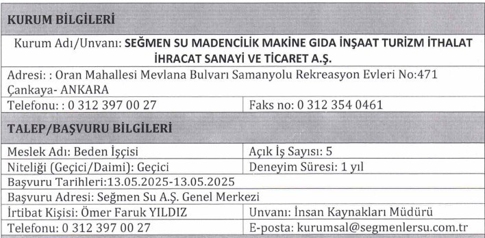 İş arayanlar başkentliler dikkat: Su firmasına yaş şartsız işçi alımı yapılacak
