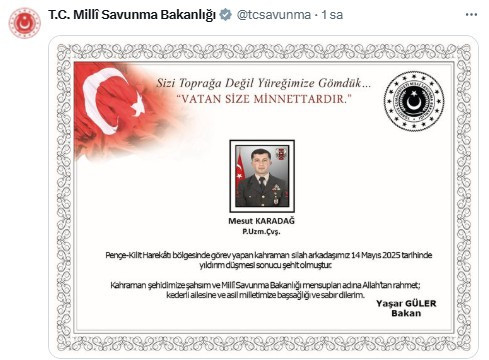 MSB yıldırım düşmesi sonucunda 1 askerimizin şehit olduğunu açıkladı