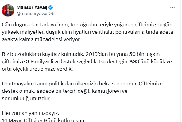 Mansur Yavaş'tan Çiftçiler günü mesajı: Tarım politikaları ülkemizin beka sorunudur