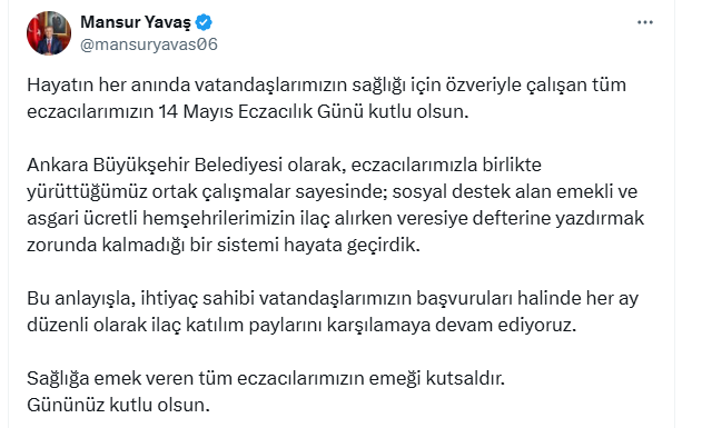 ABB Başkanı Mansur Yavaş: Eczacılarımızın emeği kutsaldır