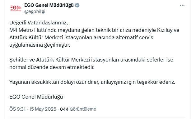 Ankara'da metro arızası açıklaması: alternatif servis uygulamasına geçildi