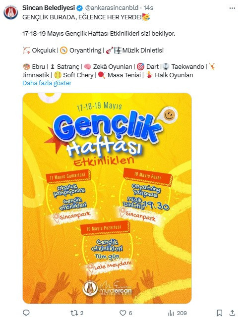 Sincan Belediyesi Gençlik Haftası etkinliklerini duyurdu