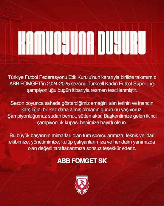 TFF Etik Kurulu ABB FOMGET'in şampiyonluğunu tescilledi!