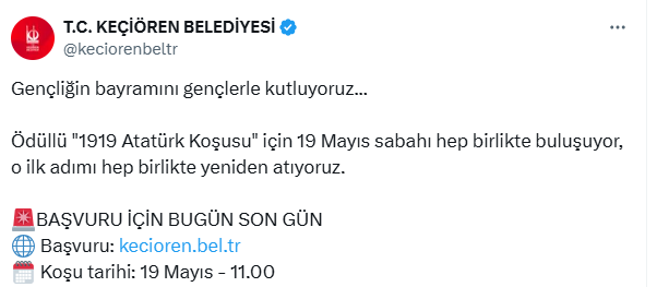 Keçiören Belediyesi ödüllü '1919 Atatürk Koşusu' için başvurular bugün sona eriyor