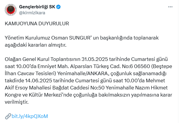 İlk olarak Haber Ankara duyurmuştu; Gençlerbirliği kongre tarihini resmen duyurdu
