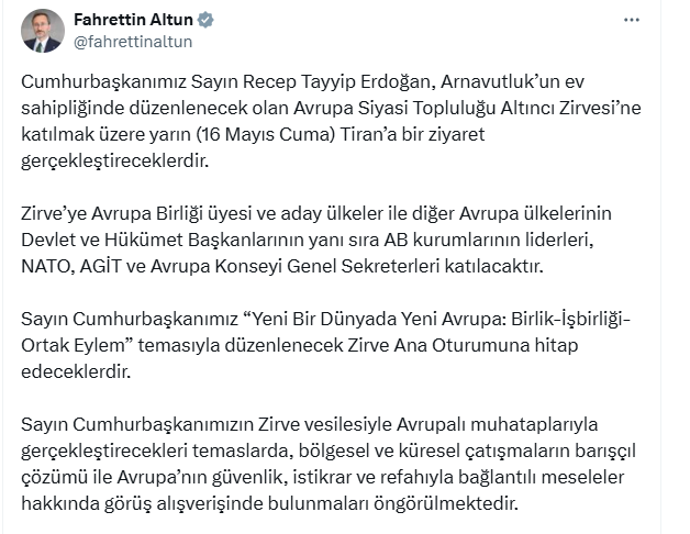 Cumhurbaşkanı Erdoğan bugün Arnavutluk'a gidecek