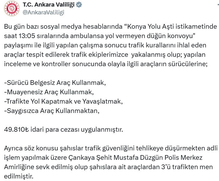 Ankara'da ambulansa yol vermeyen sürücülere ceza yağdı