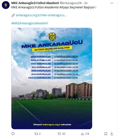 MKE Ankaragücü Futbol Akademisi Altyapı Seçmelerinin başlayacağını açıkladı