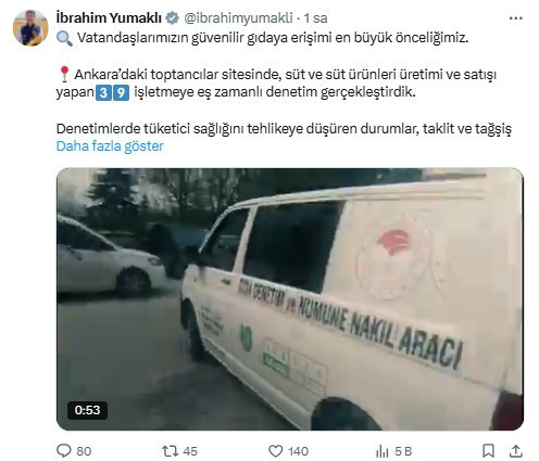 Bakanlık, Başkentte 40 ton süt ve süt ürünün satışını engelledi
