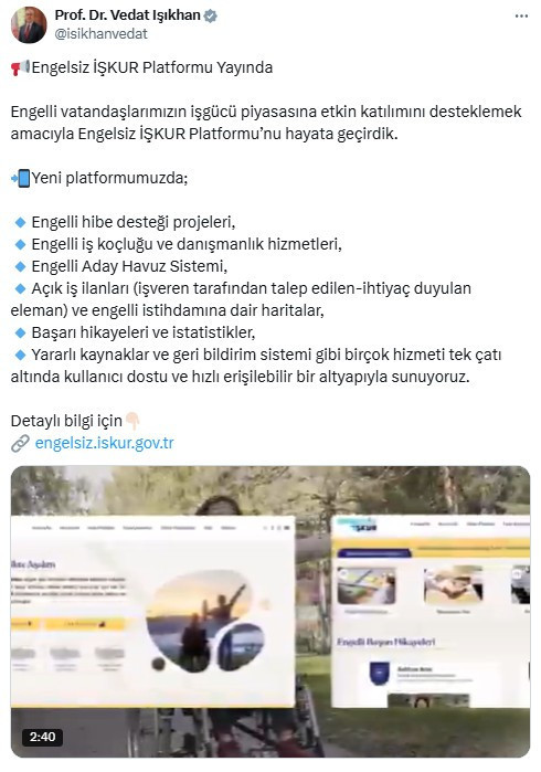 Bakan Işıkhan, Engelsiz İŞKUR Platformu'nun hayata geçirildiğini açıkladı