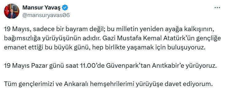 Mansur Yavaş'tan Gençlik Yürüyüşü için Ankaralılara davet