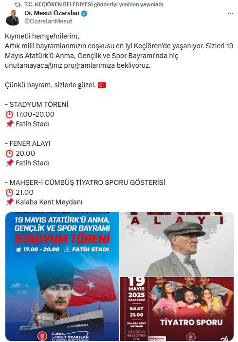 Keçiören Belediyesi'nin 19 Mayıs etkinlikleri Stadyum Töreni ile başlayacak