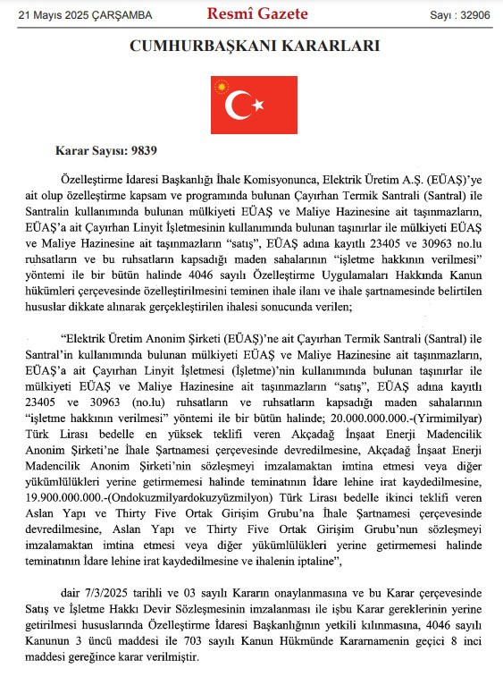 Çayırhan Termik Santrali'nin özelleştirme ihalesi sonuçlandı