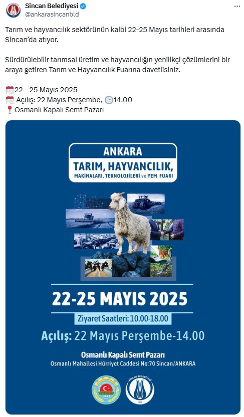 Sincan Belediyesi Tarım ve Hayvancılık Fuarı düzenleyecek