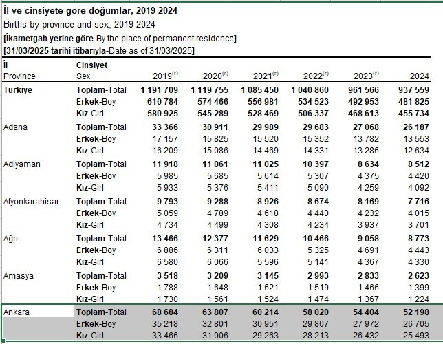 Ankara'da 2024 yılında 52.198 bebek doğdu