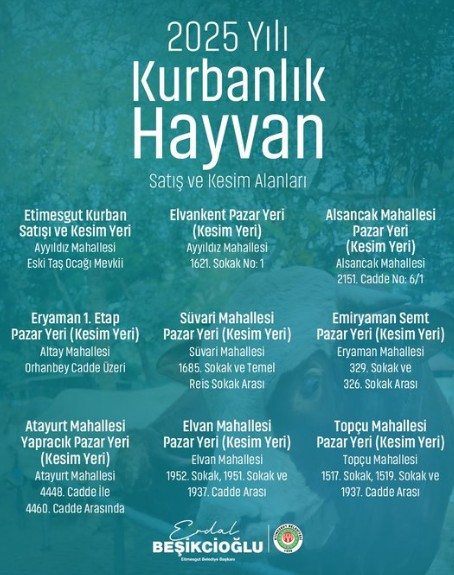 Etimesgut Belediyesi 2025 yılı kurbanlık hayvan satış ve kesim yerlerini duyurdu