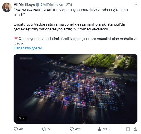 Bakan Yerlikaya 272 torbacının gözaltına alındığını açıkladı