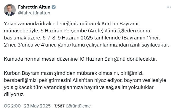 Kurban Bayramı tatili kaç gün oldu? İletişim Başkanı Fahrettin Altun son dakika duyurdu