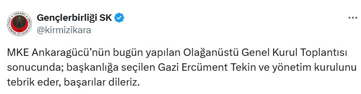 Gençlerbirliği'nden Ankaragücü Başkanı Gazi Ercüment Tekin'e tebrik mesajı