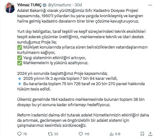 Bakan Tunç'tan, Sıfır Kadastro Dosyası Projesi paylaşımı
