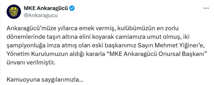 Mehmet Yiğiner MKE Ankaragücü'nün Onursal Başkanı ilan edildi