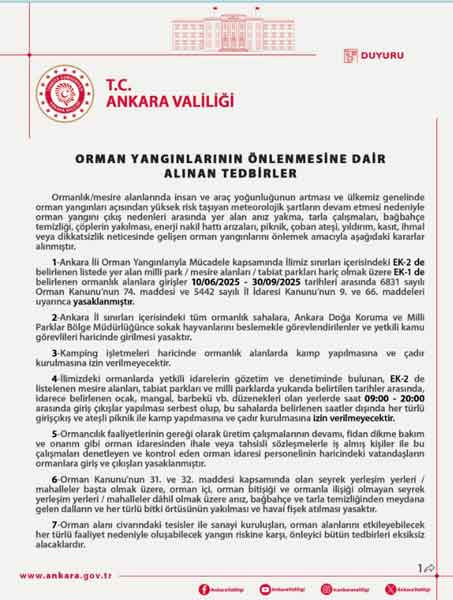 Ankara Valiliği yasak kararı açıkladı! 10 Haziran'da başlayacak 30 Eylül'e kadar sürecek