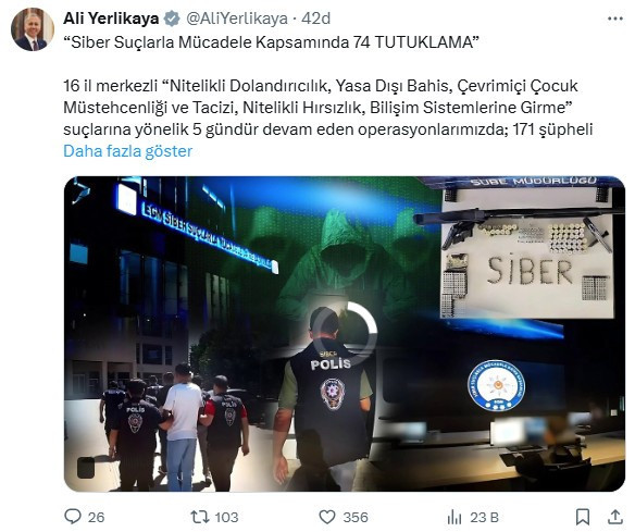 Ankara dahil 46 ilde siber suçlarla mücadele kapsamında 74 tutuklama